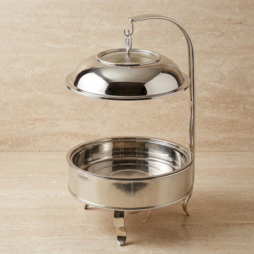 Luxury Round Stainless Steel Chafing Dish 8L – Silver Buffet Food Warmer with Clear Glass Viewing Window, Suspended Dome Lid & Textured Basin