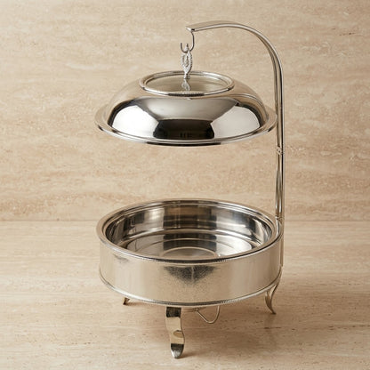 Luxury Round Stainless Steel Chafing Dish 8L – Silver Buffet Food Warmer with Clear Glass Viewing Window, Suspended Dome Lid & Textured Basin