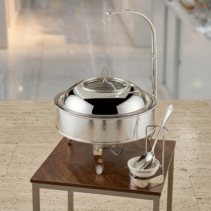Luxury Round Stainless Steel Chafing Dish 8L – Silver Buffet Food Warmer with Clear Glass Viewing Window, Suspended Dome Lid & Textured Basin