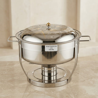 Luxury Round Stainless Steel Chafing Dish 7.5L (7500 ml) – Food Warmer with Geometric Gold-Etched Dome Lid & Heavy-Duty Circular Base