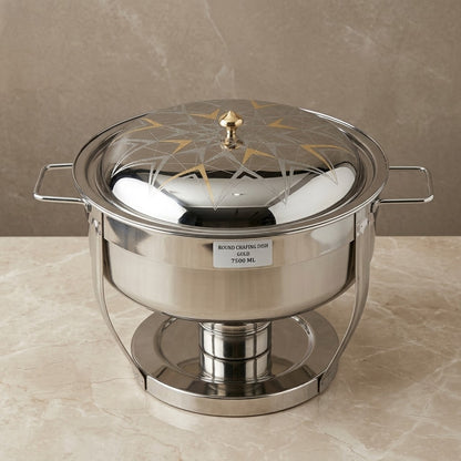 Luxury Round Stainless Steel Chafing Dish 7.5L (7500 ml) – Food Warmer with Geometric Gold-Etched Dome Lid & Heavy-Duty Circular Base