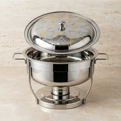Luxury Round Stainless Steel Chafing Dish 7.5L (7500 ml) – Food Warmer with Geometric Gold-Etched Dome Lid & Heavy-Duty Circular Base