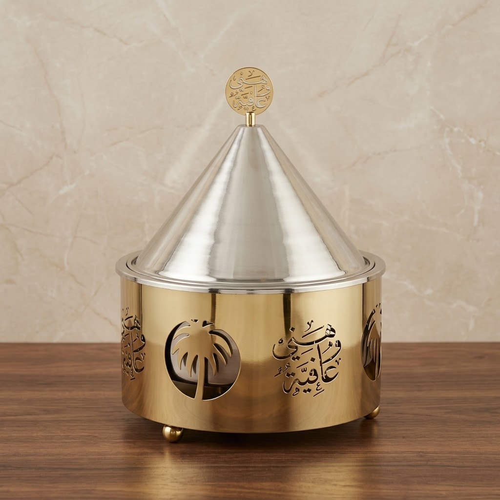 Luxury Round Food Warmer 2L (Silver & Gold) – Conical Stainless Steel Lid with Laser-Cut Arabic Calligraphy & Palm Motif Base
