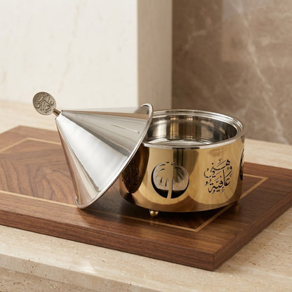Luxury Round Food Warmer 2L (Silver & Gold) – Conical Stainless Steel Lid with Laser-Cut Arabic Calligraphy & Palm Motif Base