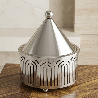 Modern Round Stainless Steel Food Warmer 2L – Mirror Silver Buffet Chafing Dish with Conical Lid & Slotted Arch Base