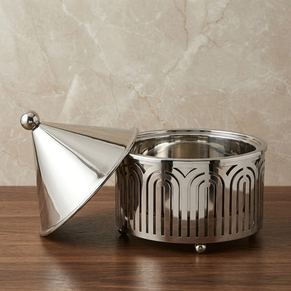 Modern Round Stainless Steel Food Warmer 2L – Mirror Silver Buffet Chafing Dish with Conical Lid & Slotted Arch Base