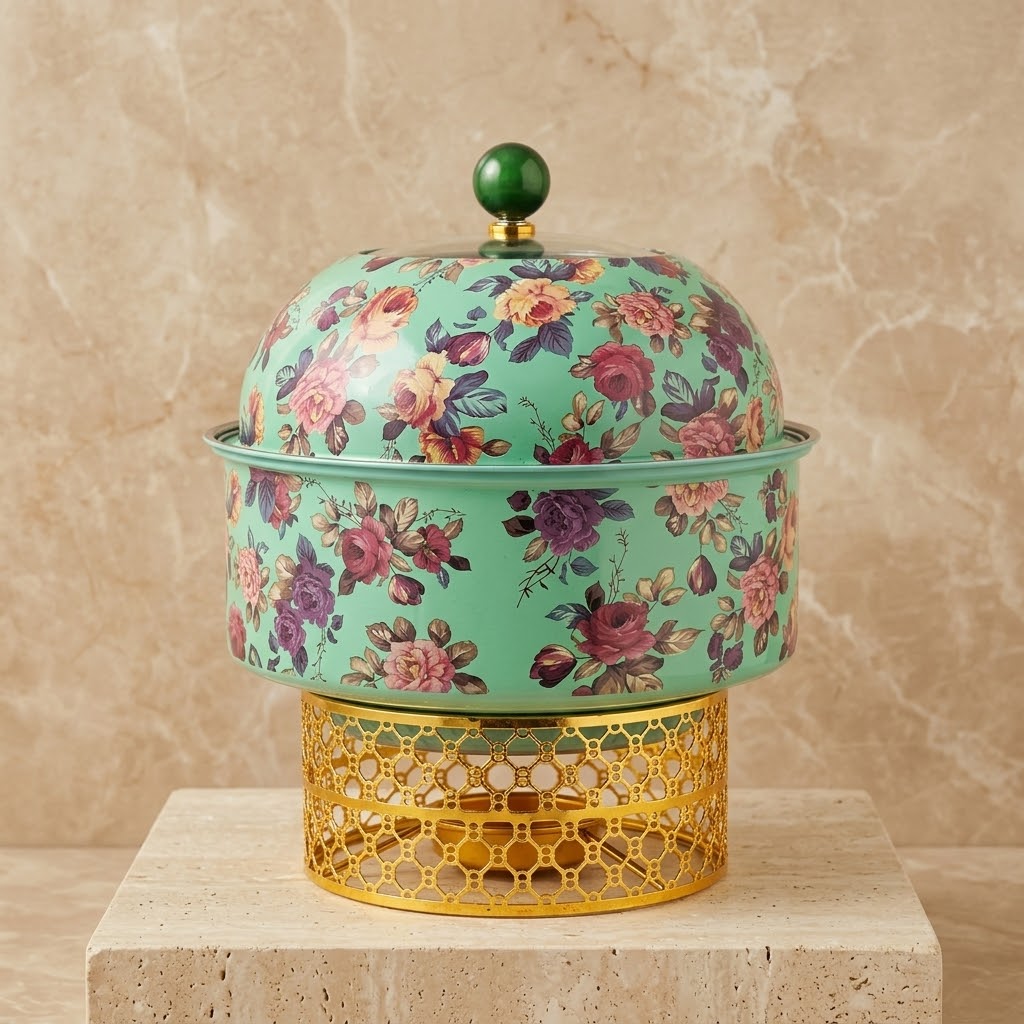 Luxury Round Chafing Dish (Medium) – Emerald Green & Gold Floral Food Warmer with Pearl Finial, Glass Window Dome Lid & Geometric Lattice Stand - Mawaeen