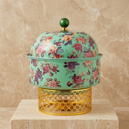 Luxury Round Chafing Dish (Medium) – Emerald Green & Gold Floral Food Warmer with Pearl Finial, Glass Window Dome Lid & Geometric Lattice Stand - Mawaeen