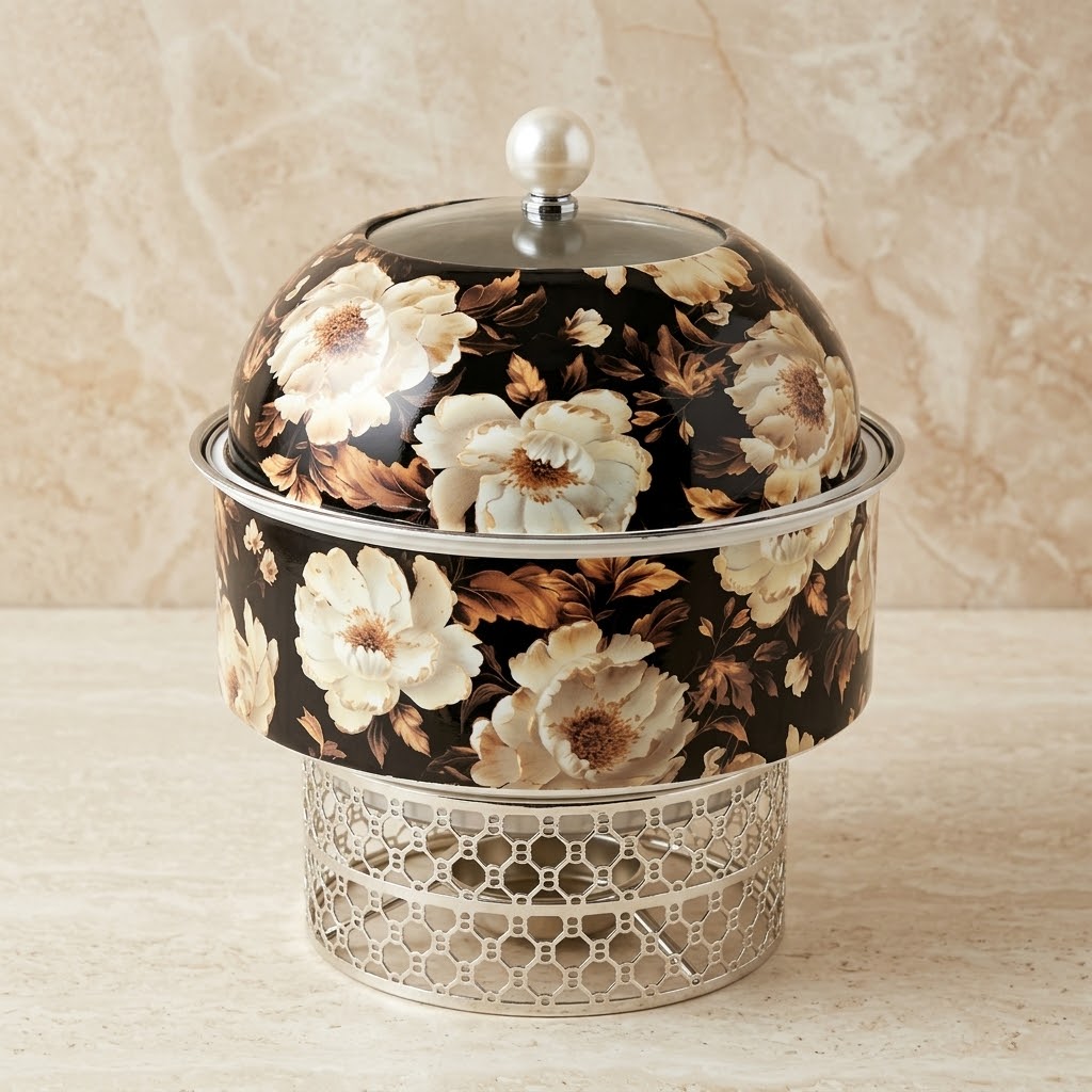 Luxury Round Chafing Dish (Small) – Black & Silver Floral Food Warmer with Pearl Finial, Glass Window Dome Lid & Geometric Lattice Stand - Mawaeen
