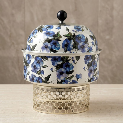 Luxury Round Chafing Dish (Large) – White & Silver Floral Food Warmer with Pearl Finial, Glass Window Dome Lid & Geometric Lattice Stand - Mawaeen