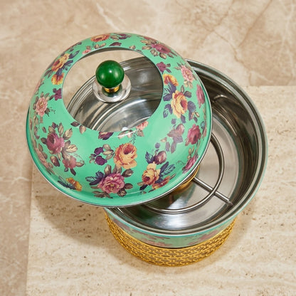 Luxury Round Chafing Dish (Medium) – Emerald Green & Gold Floral Food Warmer with Pearl Finial, Glass Window Dome Lid & Geometric Lattice Stand - Mawaeen
