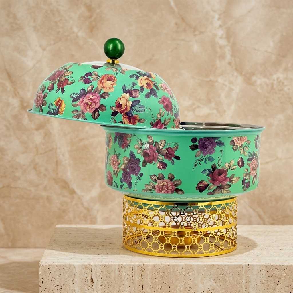 Luxury Round Chafing Dish (Medium) – Emerald Green & Gold Floral Food Warmer with Pearl Finial, Glass Window Dome Lid & Geometric Lattice Stand - Mawaeen