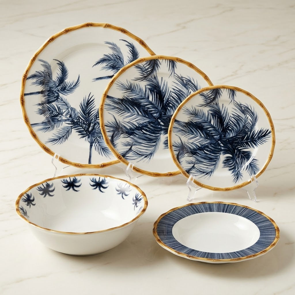Luxury 26-Piece Porcelain Dinnerware Set – Navy Blue Palm Tree Design with Bamboo-Style Trim (Model RM-448)