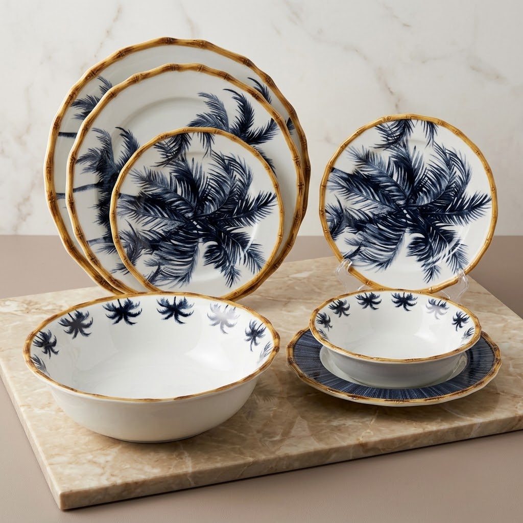 Luxury 26-Piece Porcelain Dinnerware Set – Navy Blue Palm Tree Design with Bamboo-Style Trim (Model RM-448)