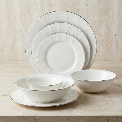 Classic 26-Piece Fine Porcelain Dinnerware Set – Pure White with Scalloped Rims & Metallic Silver Trim (Model GL-251) - Mawaeen