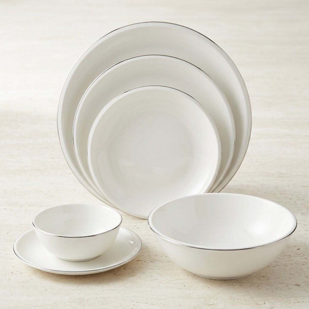 Modern Coupe 26-Piece Fine Porcelain Dinnerware Set – Pure White with Sleek Silver Rim Accent (Model GL-246) - Mawaeen