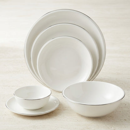 Modern Coupe 26-Piece Fine Porcelain Dinnerware Set – Pure White with Sleek Silver Rim Accent (Model GL-246) - Mawaeen