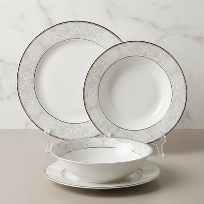 Royal 24-Piece Fine Porcelain Dinnerware Set – Off-White with Baroque Silver Damask Trim (Model TRJ25027)