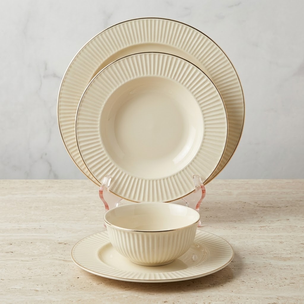 Luxury 24-Piece Fine Porcelain Dinnerware Set – Fluted Off-White Ceramic with Elegant Gold Rim Accent (Service for 6) - Mawaeen