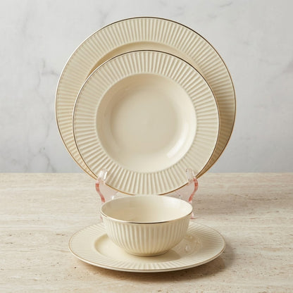 Luxury 24-Piece Fine Porcelain Dinnerware Set – Fluted Off-White Ceramic with Elegant Gold Rim Accent (Service for 6) - Mawaeen