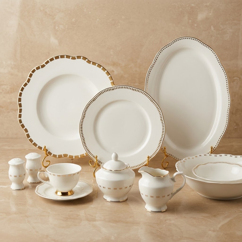 Luxury 44-Piece New Bone China Dinner Set – Pure White with Scalloped & Beaded Gold Geometric Borders (Model GP Series) - Mawaeen