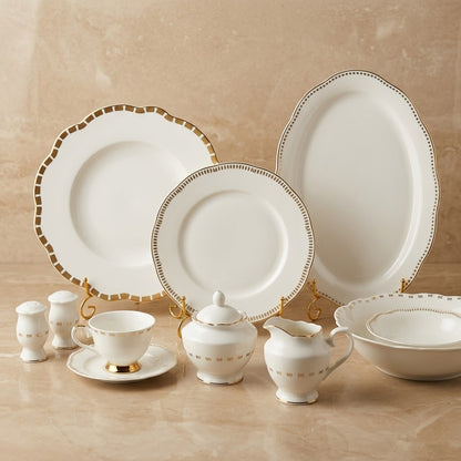 Luxury 44-Piece New Bone China Dinner Set – Pure White with Scalloped & Beaded Gold Geometric Borders (Model GP Series) - Mawaeen
