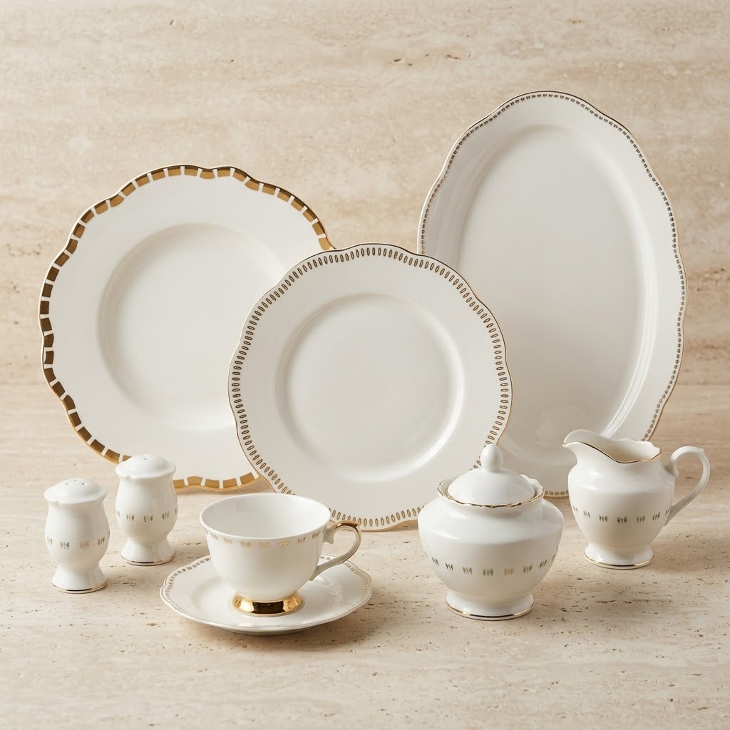 Luxury 44-Piece New Bone China Dinner Set – Pure White with Scalloped & Beaded Gold Geometric Borders (Model GP Series) - Mawaeen