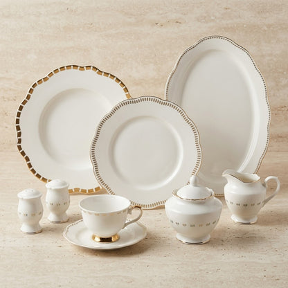 Luxury 44-Piece New Bone China Dinner Set – Pure White with Scalloped & Beaded Gold Geometric Borders (Model GP Series) - Mawaeen