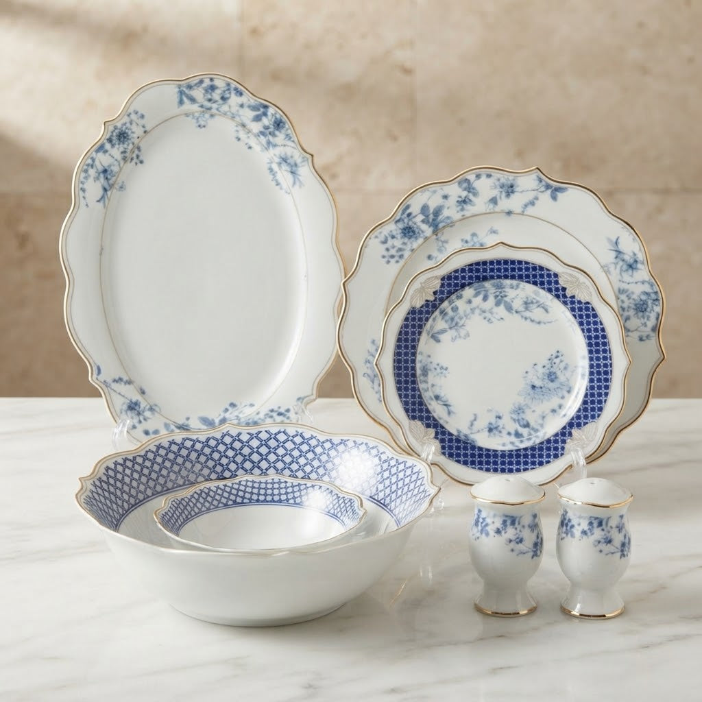 Royal Victoria 28-Piece Fine Porcelain Dinner Set – White & Cobalt Blue Floral Chinoiserie with Gilded Scalloped Trim (Model GP-109)