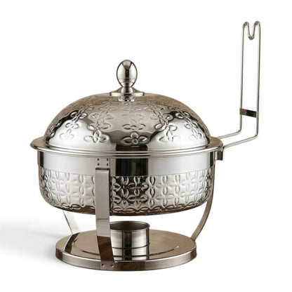 Serene Round Stainless Steel Chafing Dish 8L – Luxury Silver Banquet Food Warmer with Embossed Floral Dome & Upright Lid Stand
