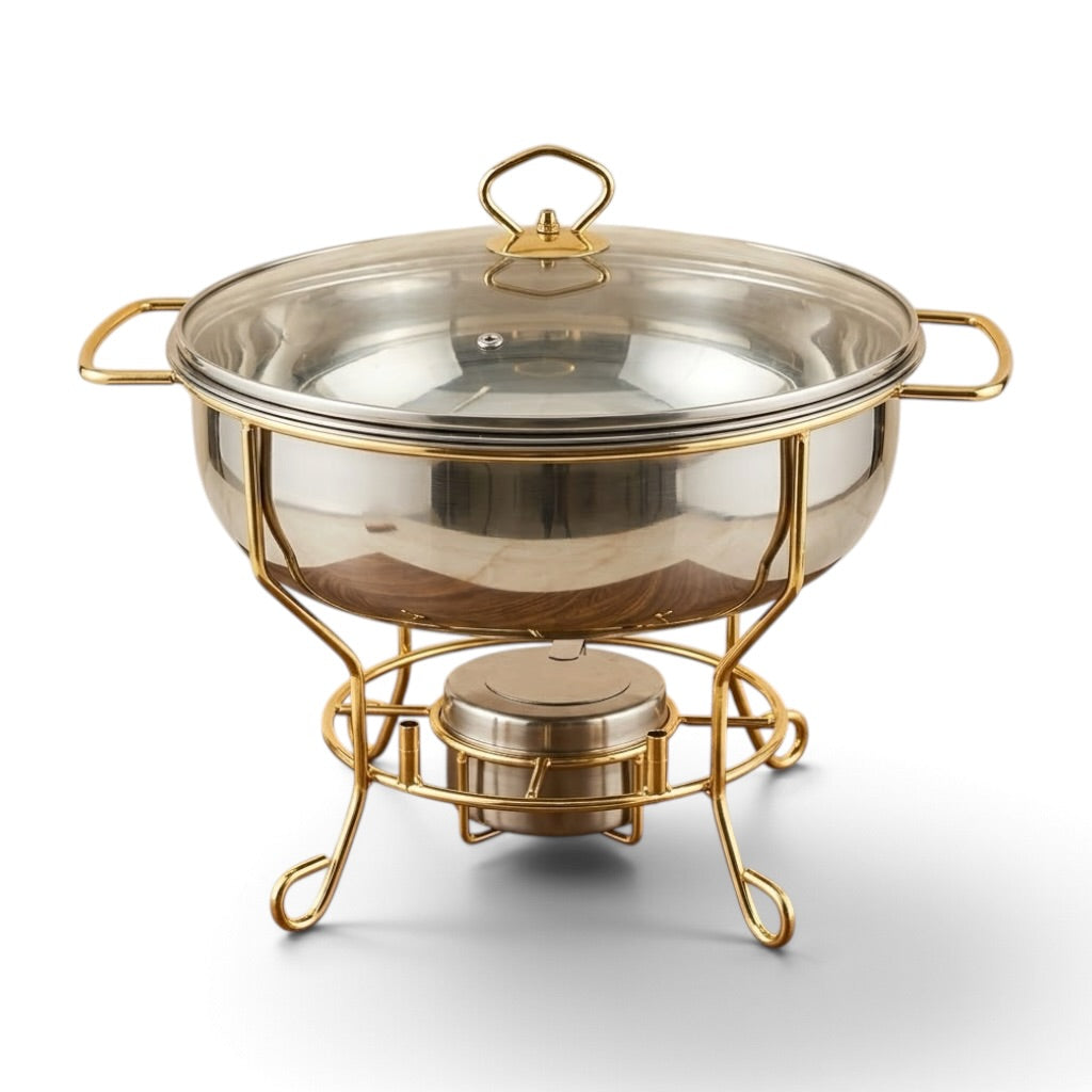 Serene Round Stainless Steel Chafing Dish 4L – Luxury Food Warmer with Clear Glass Lid & Gold Wire Stand - Mawaeen