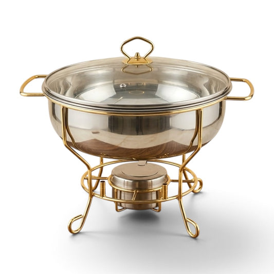 Serene Round Stainless Steel Chafing Dish 4L – Luxury Food Warmer with Clear Glass Lid & Gold Wire Stand - Mawaeen