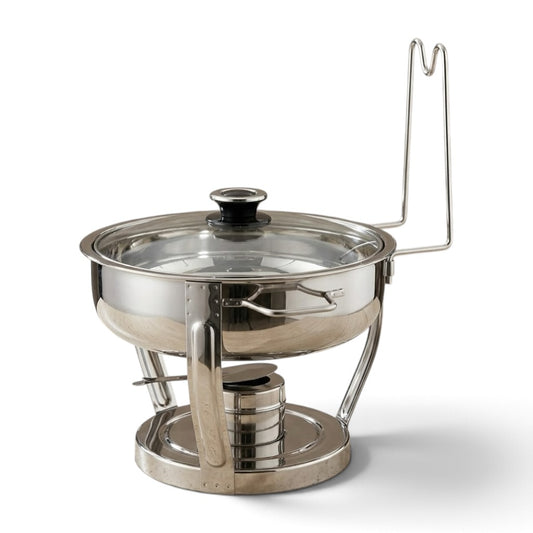 Round Stainless Steel Chafing Dish 4L with Glass Viewing Lid – Silver Buffet Food Warmer with Upright Lid-Rest Bracket & Circular Base - Mawaeen