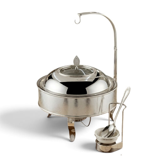 Luxury Round Stainless Steel Chafing Dish 8L – Silver Buffet Food Warmer with Clear Glass Viewing Window, Suspended Dome Lid & Textured Basin