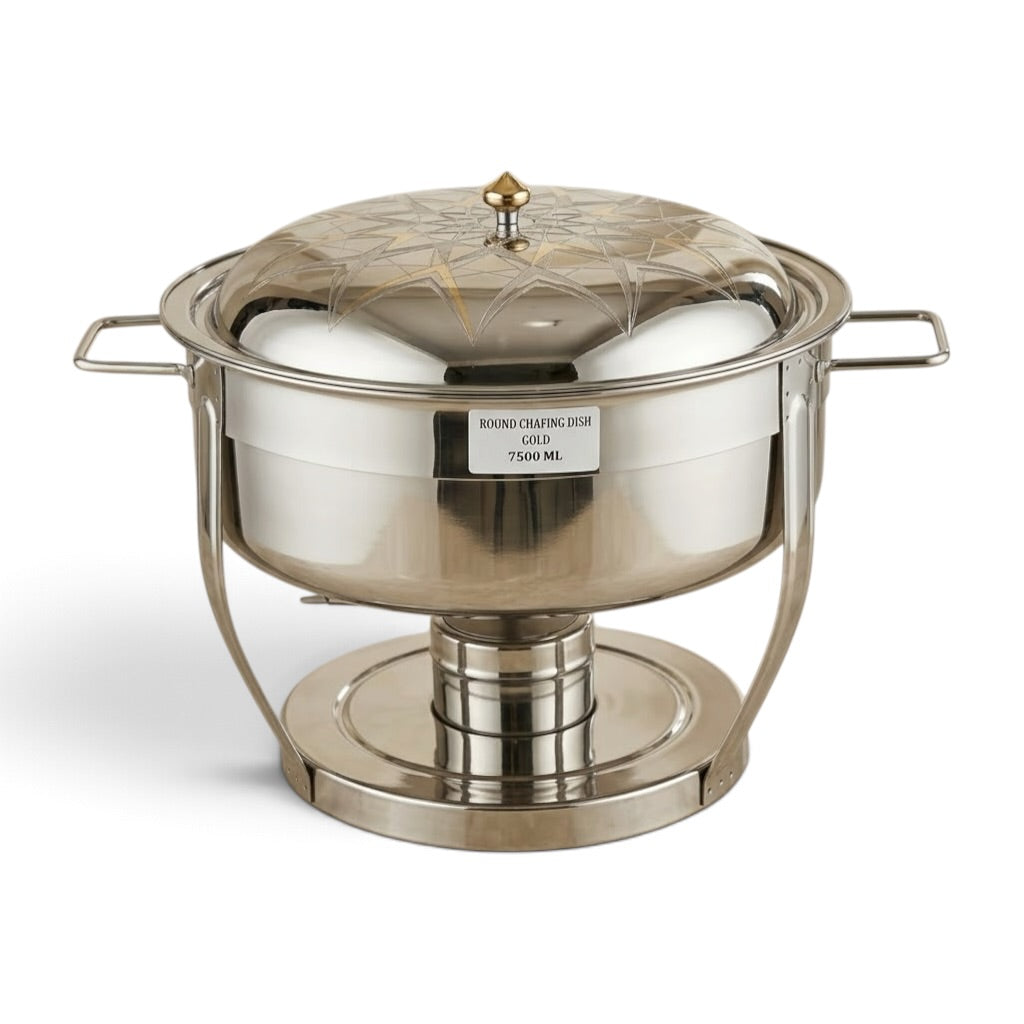 Luxury Round Stainless Steel Chafing Dish 7.5L (7500 ml) – Food Warmer with Geometric Gold-Etched Dome Lid & Heavy-Duty Circular Base