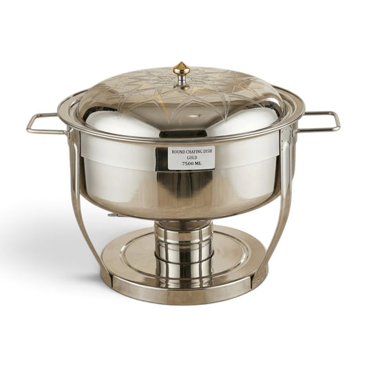 Luxury Round Stainless Steel Chafing Dish 7.5L (7500 ml) – Food Warmer with Geometric Gold-Etched Dome Lid & Heavy-Duty Circular Base