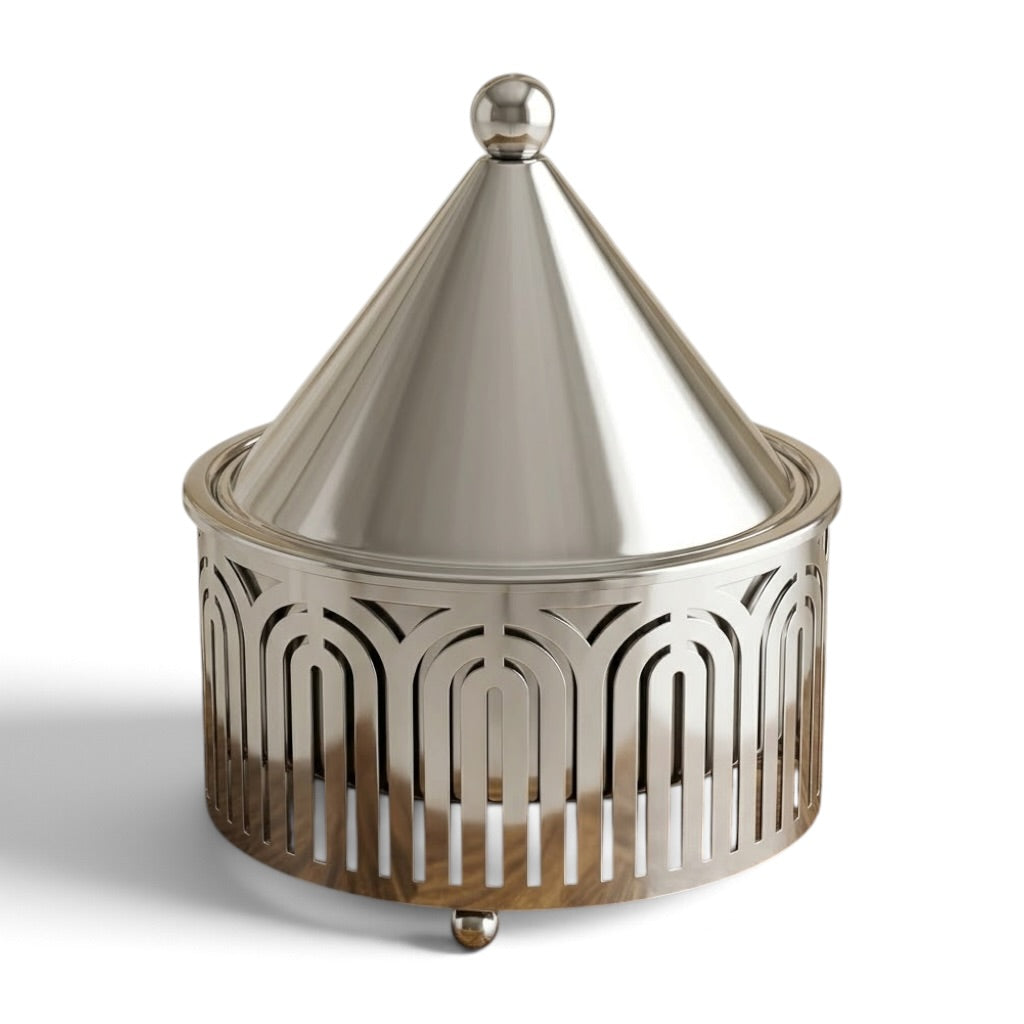 Modern Round Stainless Steel Food Warmer 2L – Mirror Silver Buffet Chafing Dish with Conical Lid & Slotted Arch Base