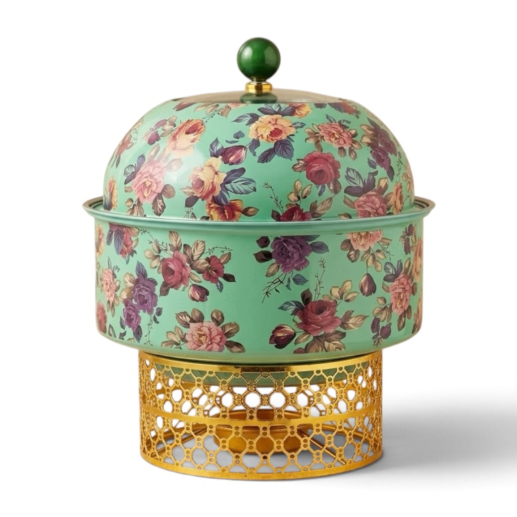 Luxury Round Chafing Dish (Medium) – Emerald Green & Gold Floral Food Warmer with Pearl Finial, Glass Window Dome Lid & Geometric Lattice Stand - Mawaeen