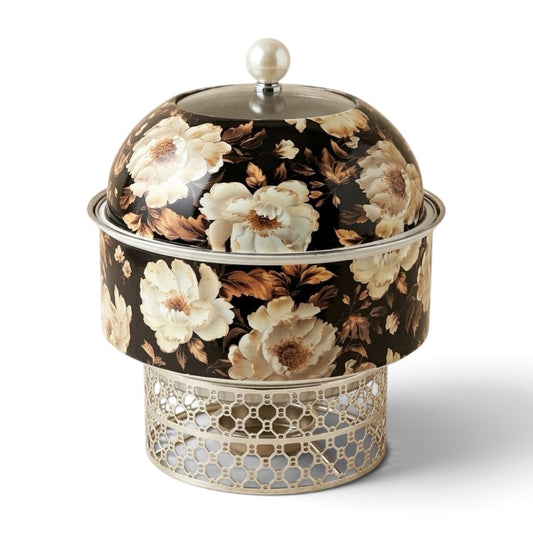 Luxury Round Chafing Dish (Small) – Black & Silver Floral Food Warmer with Pearl Finial, Glass Window Dome Lid & Geometric Lattice Stand - Mawaeen