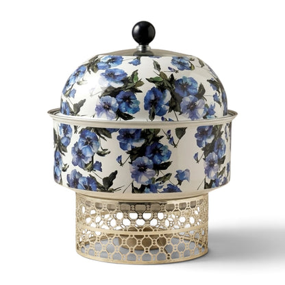 Luxury Round Chafing Dish (Large) – White & Silver Floral Food Warmer with Pearl Finial, Glass Window Dome Lid & Geometric Lattice Stand - Mawaeen