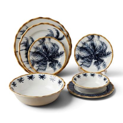 Luxury 26-Piece Porcelain Dinnerware Set – Navy Blue Palm Tree Design with Bamboo-Style Trim (Model RM-448)