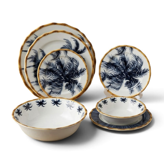 Luxury 26-Piece Porcelain Dinnerware Set – Navy Blue Palm Tree Design with Bamboo-Style Trim (Model RM-448)