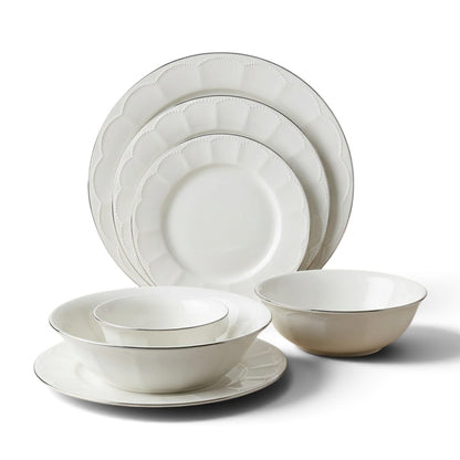 Classic 26-Piece Fine Porcelain Dinnerware Set – Pure White with Scalloped Rims & Metallic Silver Trim (Model GL-251) - Mawaeen