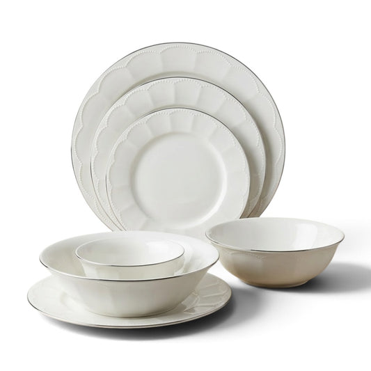 Classic 26-Piece Fine Porcelain Dinnerware Set – Pure White with Scalloped Rims & Metallic Silver Trim (Model GL-251) - Mawaeen