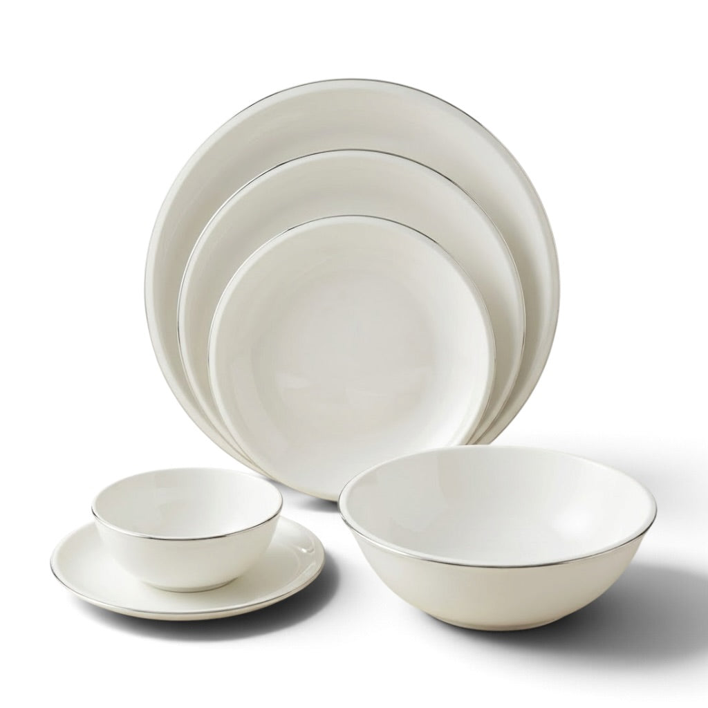 Modern Coupe 26-Piece Fine Porcelain Dinnerware Set – Pure White with Sleek Silver Rim Accent (Model GL-246) - Mawaeen