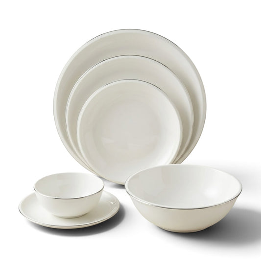 Modern Coupe 26-Piece Fine Porcelain Dinnerware Set – Pure White with Sleek Silver Rim Accent (Model GL-246) - Mawaeen