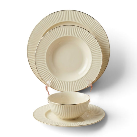 Luxury 24-Piece Fine Porcelain Dinnerware Set – Fluted Off-White Ceramic with Elegant Gold Rim Accent (Service for 6) - Mawaeen