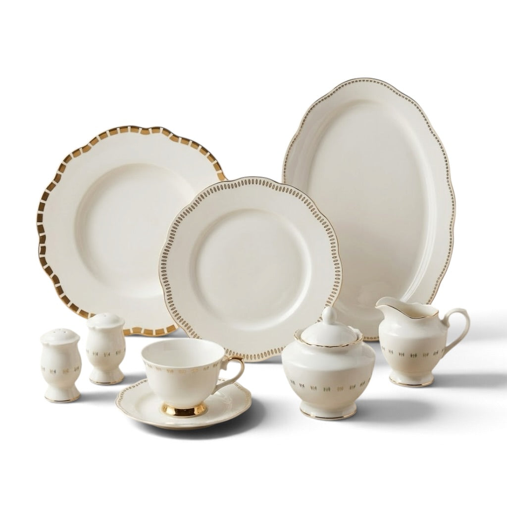 Luxury 44-Piece New Bone China Dinner Set – Pure White with Scalloped & Beaded Gold Geometric Borders (Model GP Series) - Mawaeen