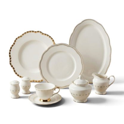 Luxury 44-Piece New Bone China Dinner Set – Pure White with Scalloped & Beaded Gold Geometric Borders (Model GP Series) - Mawaeen
