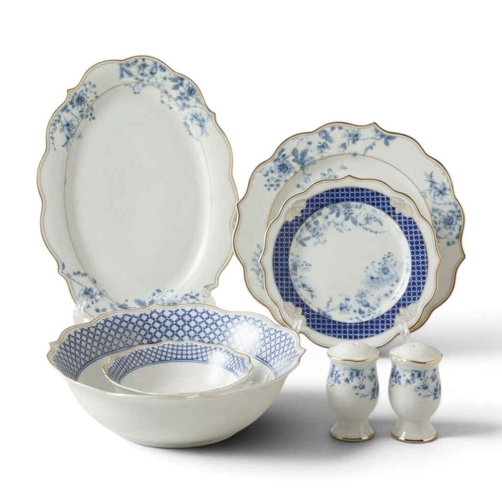 Royal Victoria 28-Piece Fine Porcelain Dinner Set – White & Cobalt Blue Floral Chinoiserie with Gilded Scalloped Trim (Model GP-109)